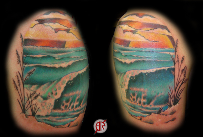 Looking for unique  Tattoos? wave scene on shoulder