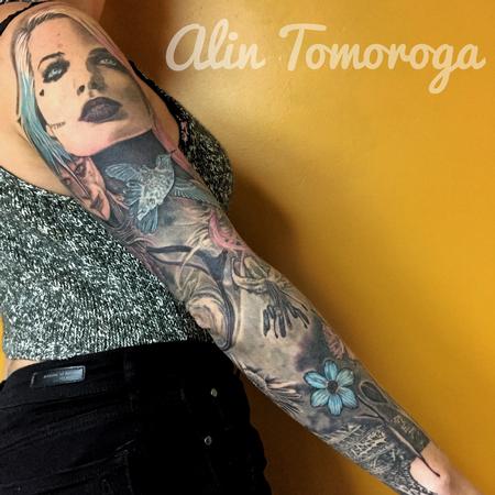 tattoos/ - Harley Quinn, Joker, Hummingbird and  Flowers Sleeve  - 145883
