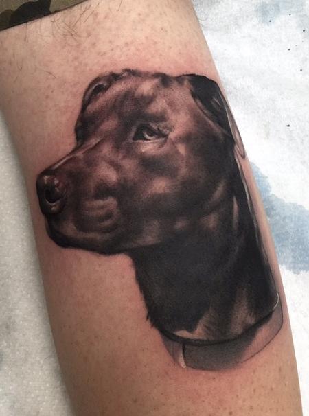 tattoos/ - Black and Gray realistic dog portrait tattoo, Ryan Mullins Art Junkies Tattoo - 108371