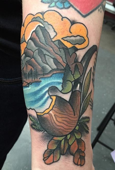 tattoos/ - Traditional color pipe with water and mountains tattoo. Gary Dunn Art Junkies Tattoo  - 103791