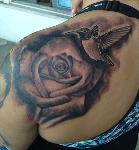tattoos/ - Realistic black and gray rose with hummingbird tattoo, Scott Grosjean Art Junkies Tattoo - 101362