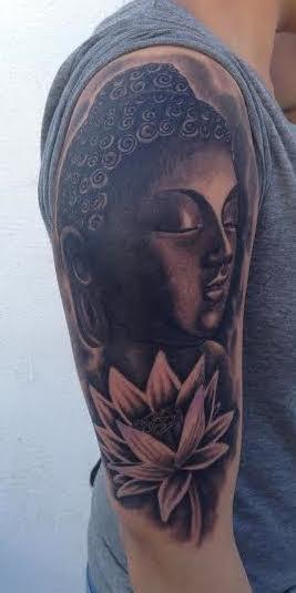 tattoos/ - Black and gray buddha tattoo with flower. Scott Grosjean Art Junkies Tattoo - 100588