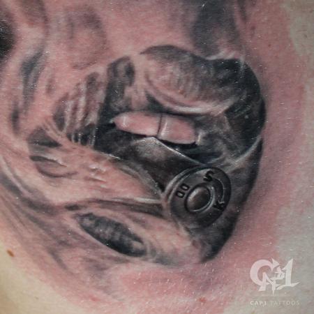 Tattoos - Bite the Bullet Smoking Rib Cage Tattoo (Closeup) - 123194