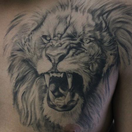 Tattoos - Healed Black and Gray Lion Chest Piece - 119537