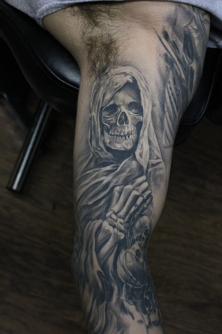 Tattoos - Healed Black And Grey Grim Reaper Sleeve - 119129