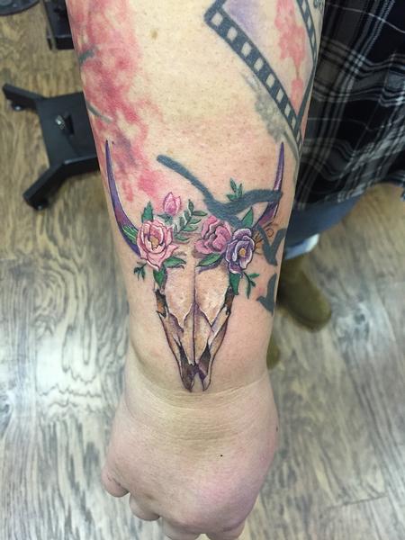Tattoos - Vintage Long Horn Skull with Purple and Pink Roses - 117409