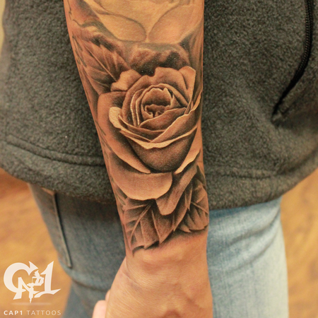 Tattoos - Realistic rosebud and free flowing leaves - 122772