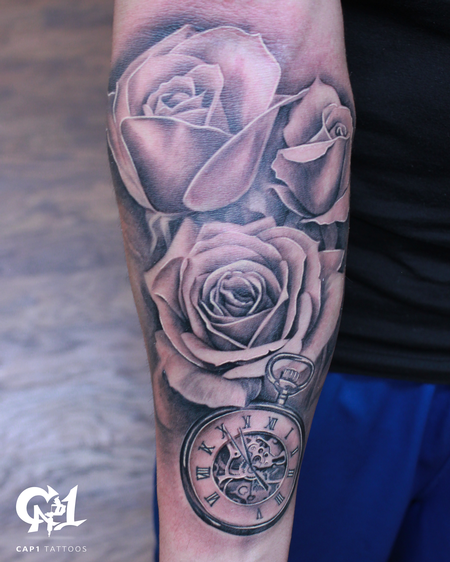 Tattoos - Rose and Pocket Watch Half Sleeve Tattoo - 126066