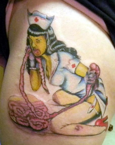 tattoos/ - Pin Up Nurse Zombie Eating Guts - 53423