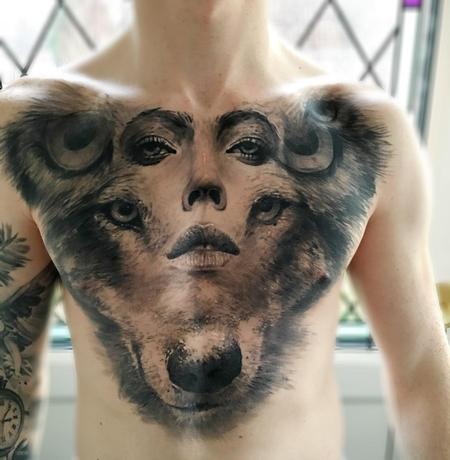tattoos/ - Owl, Woman, Wolf Composite Chest Tattoo - 115844