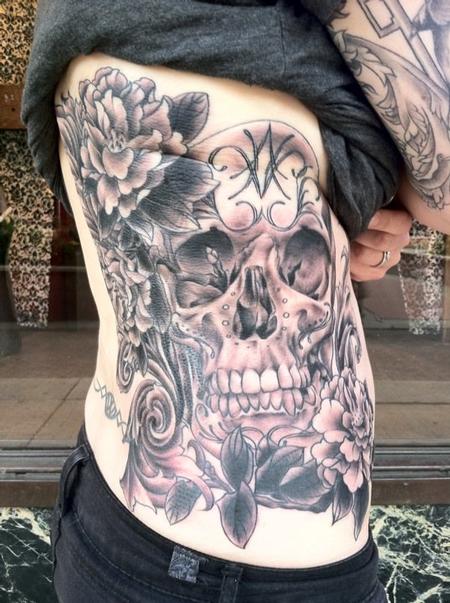 tattoos/ - Skull and Flowers Ribs Tattoo - 57618