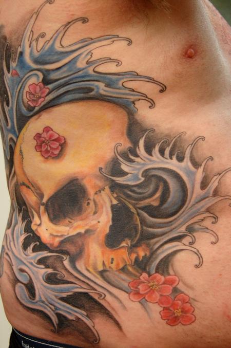 tattoos/ - Skull with water & cherry blossoms - 64145