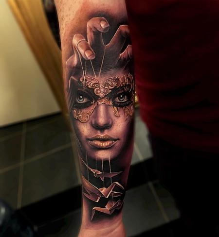 tattoos/ - Masked Woman, Crane Puppets Forearm Tattoo - 115848