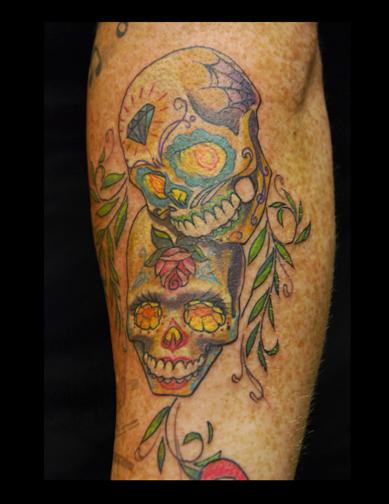 tattoos/ - Sugar Skulls with Foliage Arm Tattoo - 68996