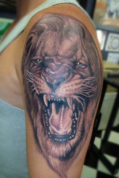 tattoos/ - Black and Gray Lion Tattoo - 52481