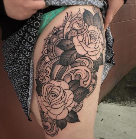 Nature - Ornamental roses thigh tattoo