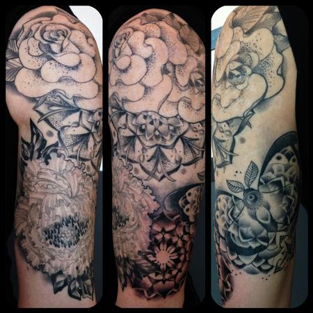 tattoos/ - Black and Grey Flowers, Moth and Mandala - 89122