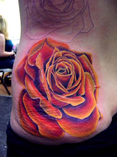John Pohl - Large Orange and Pink Traditional Rose Tattoo