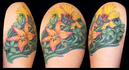 tattoos/ - Royal Sunset Lilly, Hibiscus, Plumeria and a Butterfly - 79444