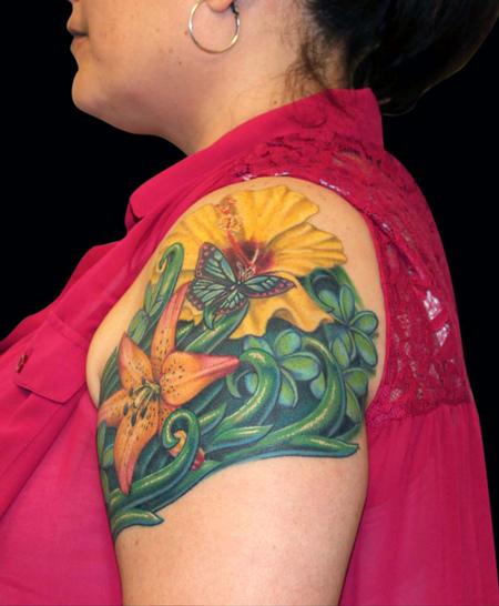 tattoos/ - Royal Sunset Lilly, Hibiscus, Plumeria and a Butterfly - 79443