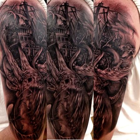 tattoos/ - black and grey sea monster tattoo, Big Gus Art Junkies tattoo - 80746