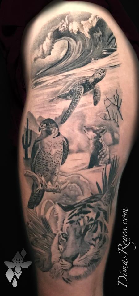 tattoos/ - Black and Grey Animal Habitats Leg Tattoo - 145841