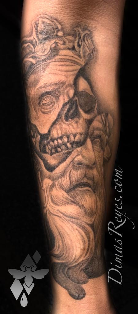 tattoos/ - Black and Grey Skull Mythology Portrait Tattoo - 145839