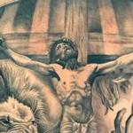 Black and Grey Religious Jesus Cross Portrait Lion Lamb Eve Serpent Back Tattoo Tattoo Design Thumbnail