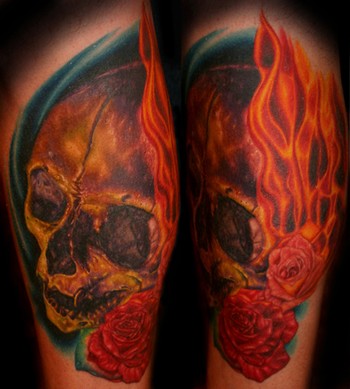 Tim Harris -  Skull with Flaming Roses