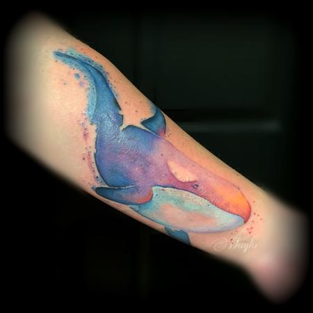 Aerosol Inspired - Killer Whale watercolor arm tattoo by Haylo