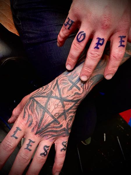 Cross - Baphomet Pentagram Hand Tattoo By Tattoomoney creator 