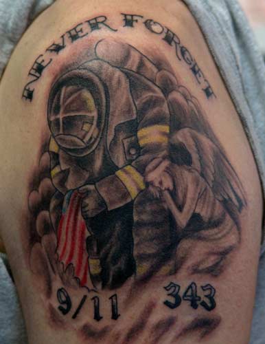Eagle Flag Fireman and Angel American Patriotic 9/11 Memorial Tattoo