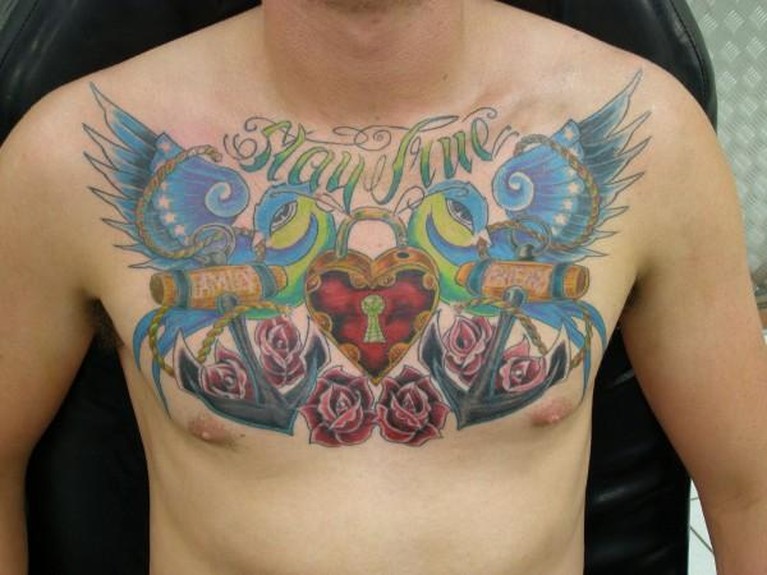 Traditional sparrow chest tattoo click to view large image