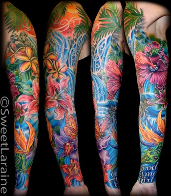 Three Hawaiian flowers tattoo on girl's stomach. tropical flowers tattoos