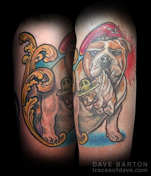 from Fostoria, Ohio, poses to show his tattoos, including two bull dogs