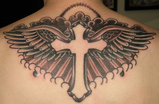 Wing and Cross Tattoo Design on Back