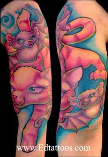 Comments Half sleeve tattoo of a big cat playing with bats