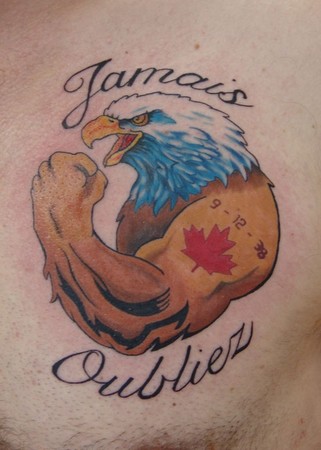  father's birthday in a Canadian maple leaf tattoo on the eagle's bicep.