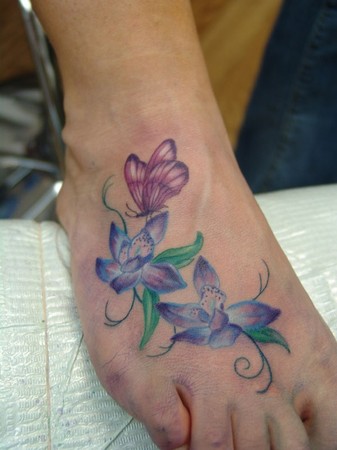 Comments: Colorful feminine orchid flowers with a butterfly on the top of 
