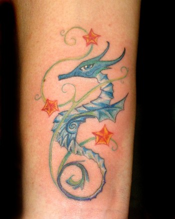 Comments: This tattoo is a colorful new school seahorse, based off a design 