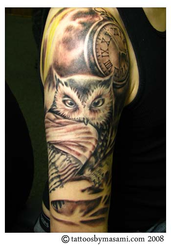 Tattoos Pennsylvania owl pocket watch in progress 