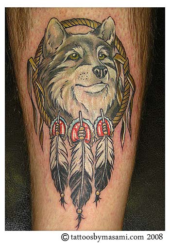 Wolf Dreamcatcher tattoo done from a flash by masami