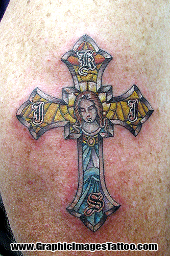 Tattoos. Religious Mary Tattoos. Stained Glass Cross