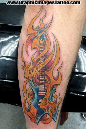 Tribal Art Guitar Tattoo Design Sean Ohara - Flaming Guitar Large Image · 