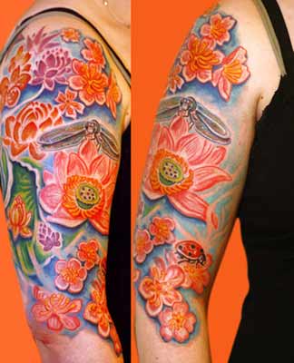 Tattoos Nature Animal Ladybug tattoos Dragonfly over Flowers
