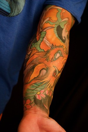 dragon sleeve tattoo. Comments: dragon and cherry