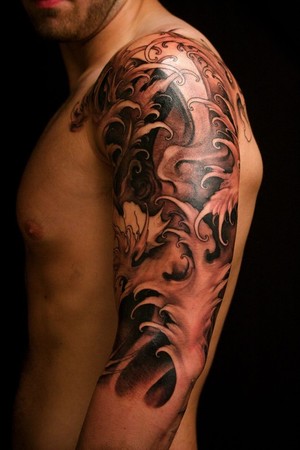 tattoo sleeve designs black and grey. Comments: Black and grey 3/4 sleeve - in-progress, waves