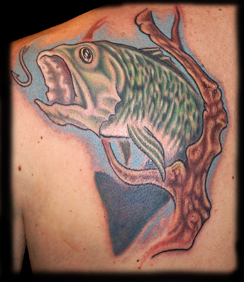 Large Mouth Bass. Placement: Shoulder Comments: Done at the Paradise Tattoo