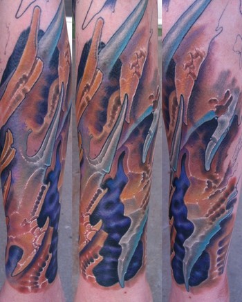 Comments: Color Bio mechanical organic sleeve tattoo by Jon von glahn