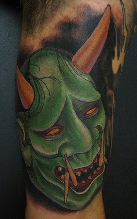 Japanese hannya mask color inner arm tattoo